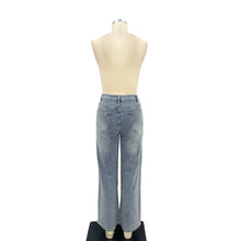 Blue Embroidered Rhinestone Detail Denim Pants