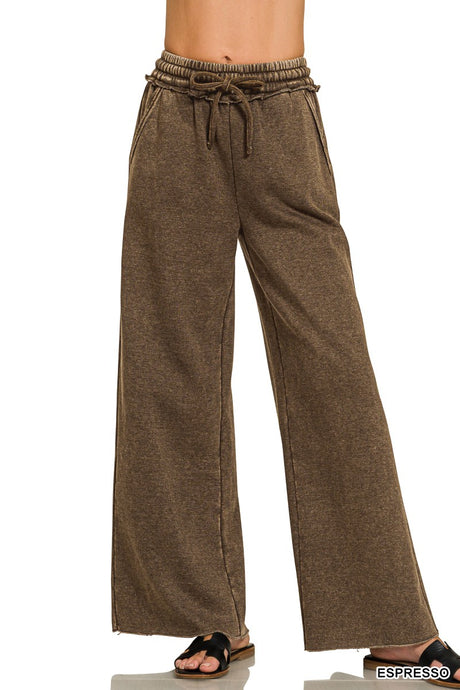 Espresso Acid Wash Fleece Palazzo Zenana Sweatpants 9/3/26 1406