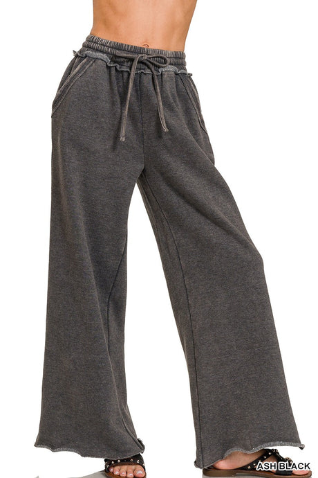 Ash Black Acid Wash Fleece Palazzo Zenana Sweatpants 7/7/25 1009
