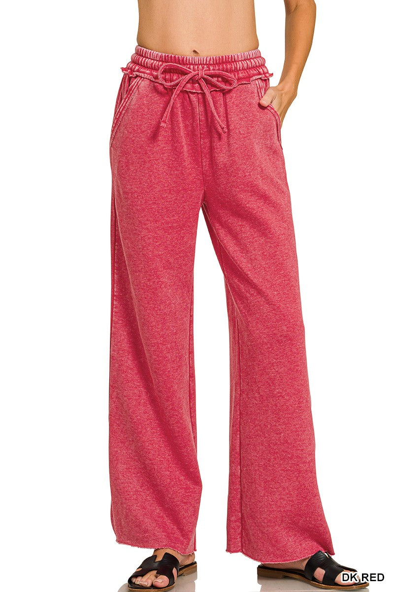 Dark Red Acid Wash Fleece Palazzo Zenana Sweatpants 9/3/26 1405