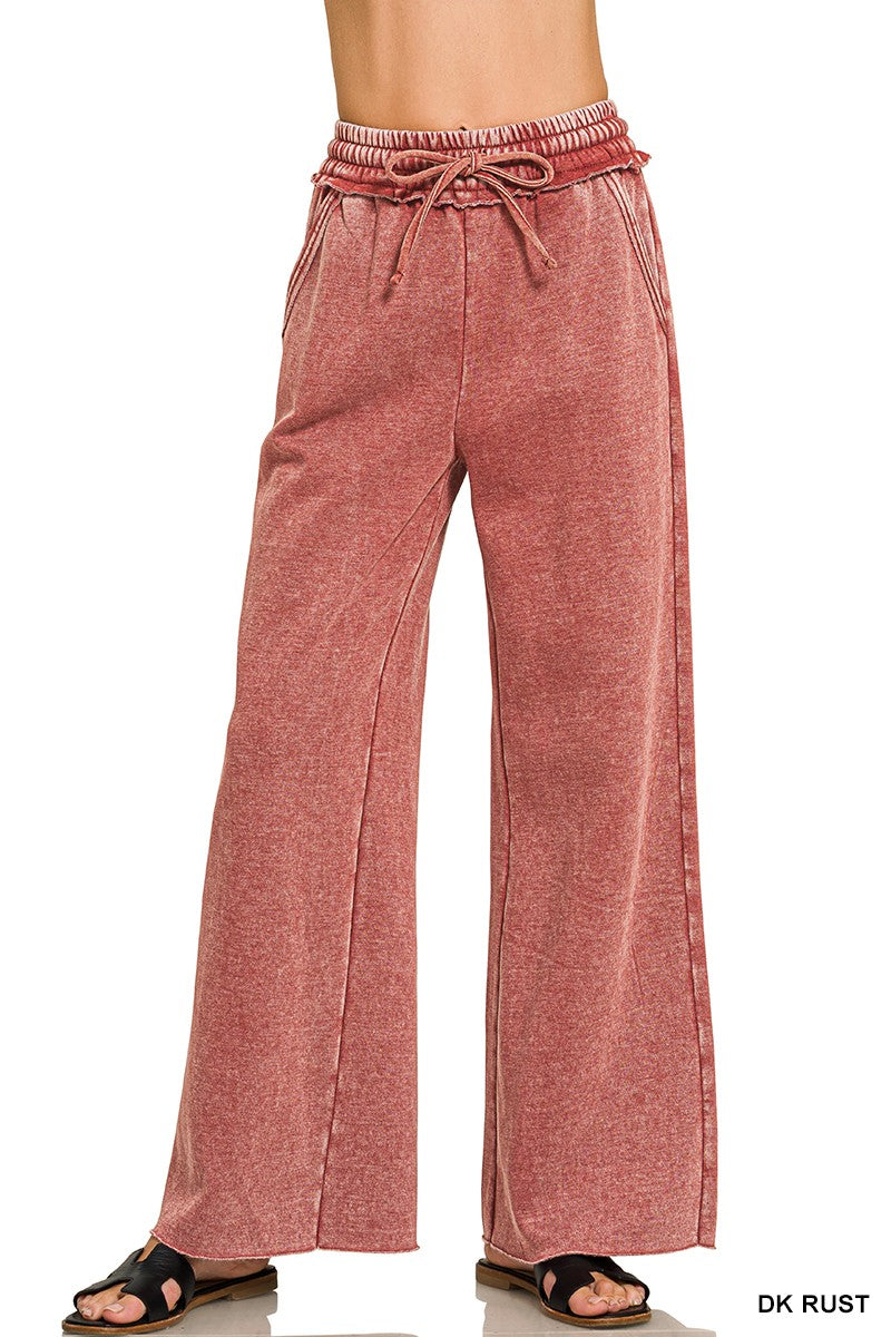Dark Rust Acid Wash Fleece Palazzo Zenana Sweatpants 9/21/26 1463