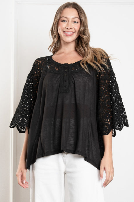 Black Ace Quarter Sleeve Contrast Blue Velvet Top 5/2/25 9866