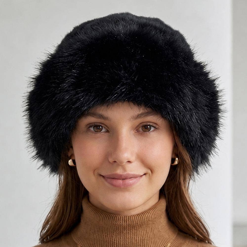 Black Fuzzy Plush Faux Fur Winter Cossack Hat
