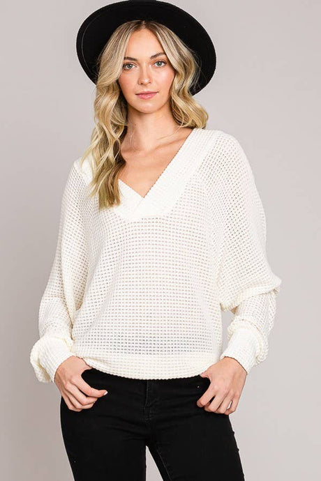 Cream Long Sleeve Dolman Blouson Sweater Knit Top