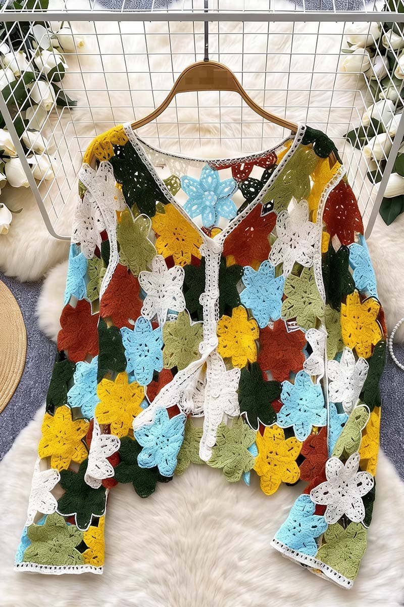Beige Floral Crochet Buttoned Cardigan