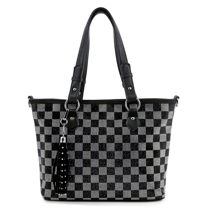 Black Checkerboard Bling Tote Handbag