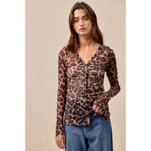 Leopard Button Up V Neck Mesh Top