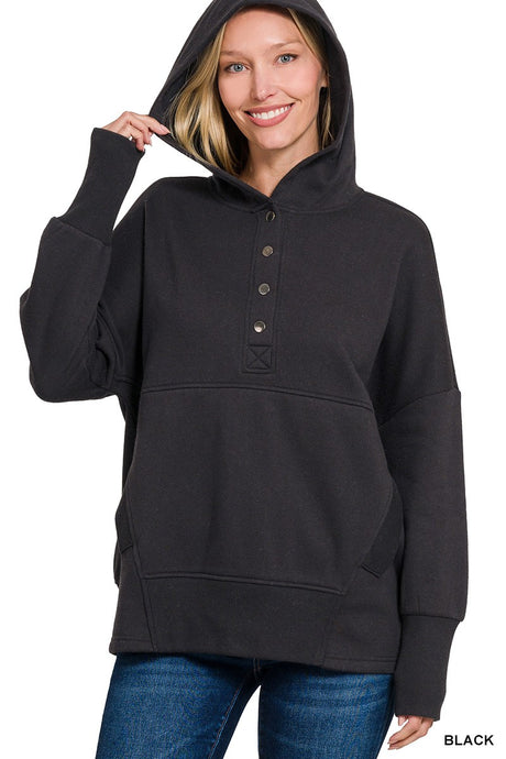 Black Fleece Half Snap Button Hooded Zenana Sweatshirts 10/7/26 1496