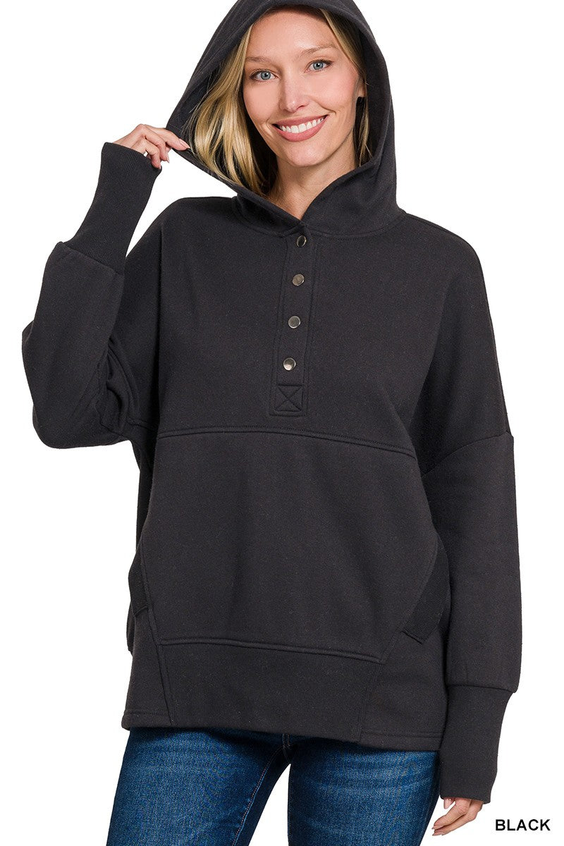 Black Fleece Half Snap Button Hooded Zenana Sweatshirts 10/7/26 1496