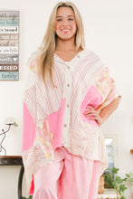 Pink Combo Mixed Fabric Button Down Blue Velvet Hoodie Poncho 2/25/25 9646