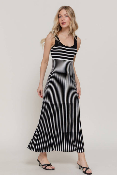 Black White Sleeveless Double Scoop Neck Striped Long Dress