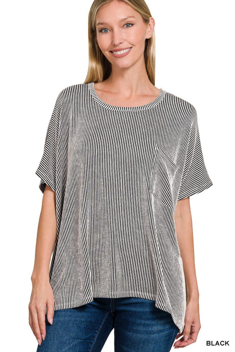 Black Corded Rib Oversized Short Sleeve Zenana Top 7/7/25 1011