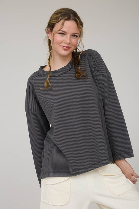 Charcoal Crew Neck Ribbed Long Sleeve Knit Top