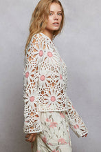 Off White Pink Floral Weave Round Neck Long Sleeve Crochet POL Top