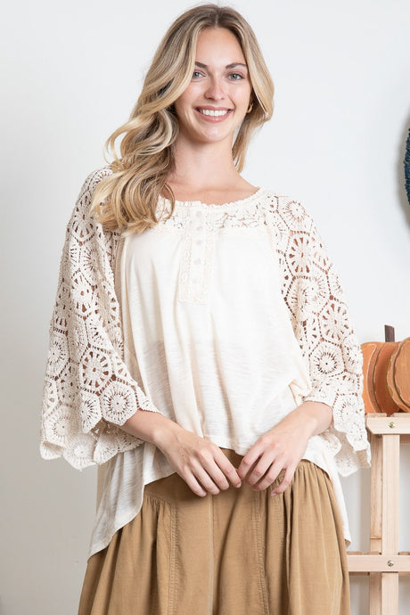 Cream Ace Quarter Sleeve Contrast Blue Velvet Top 5/2/25 9867