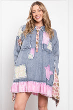 Denim Bottom Ruffle Patchwork Washed Blue Velvet Shirt 2/14/25 9630