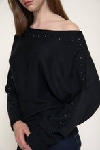 Black Long Sleeve Wide Boat Neck Studded Sweater