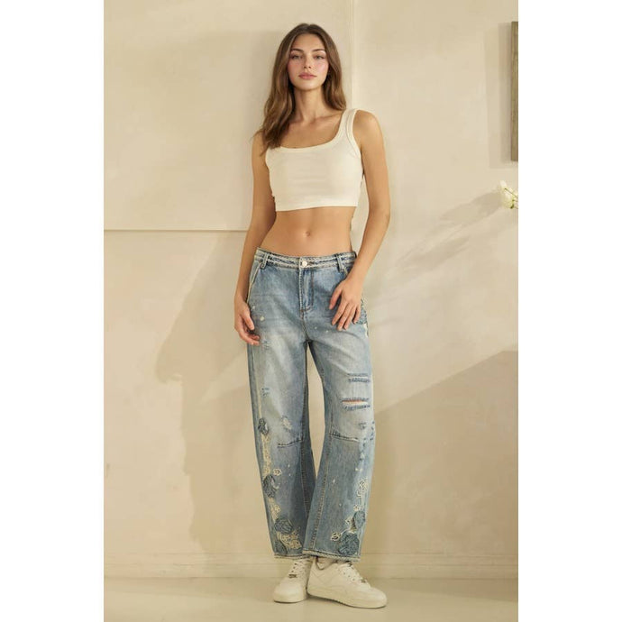 Denim Floral Embroidered Distressed Oli+Hali Jeans