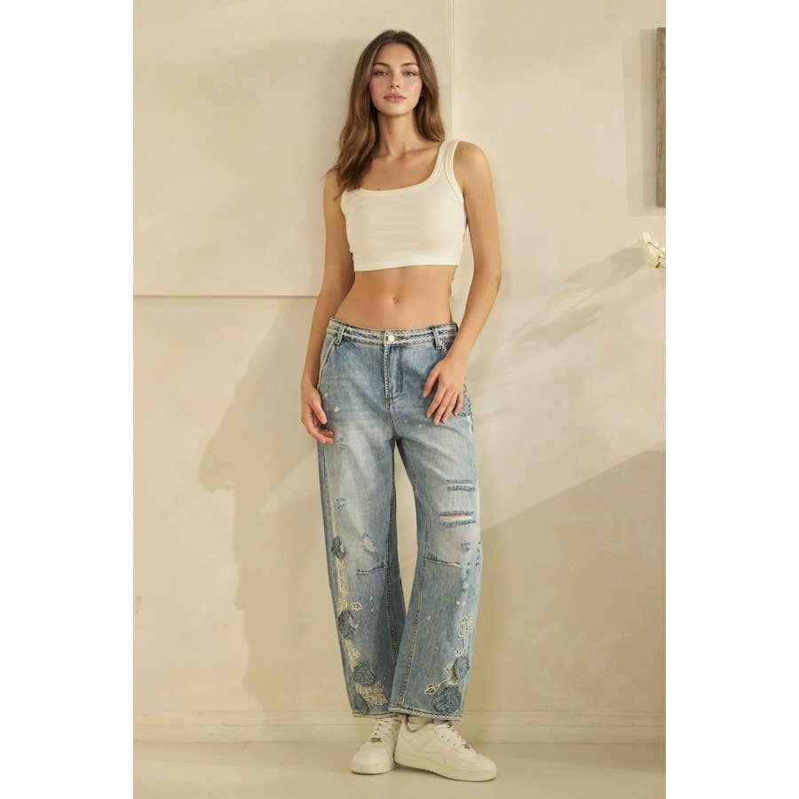 Denim Floral Embroidered Distressed Oli+Hali Jeans