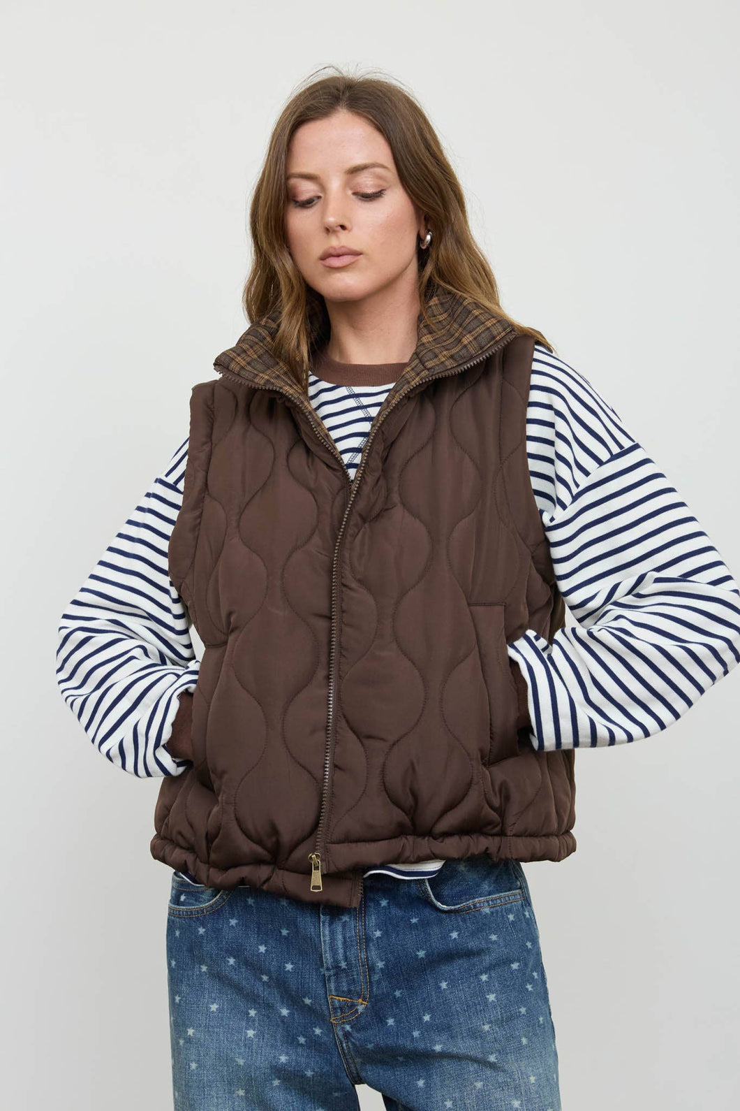 Dark Brown Plaid Collar Quilted Zip Up Vest