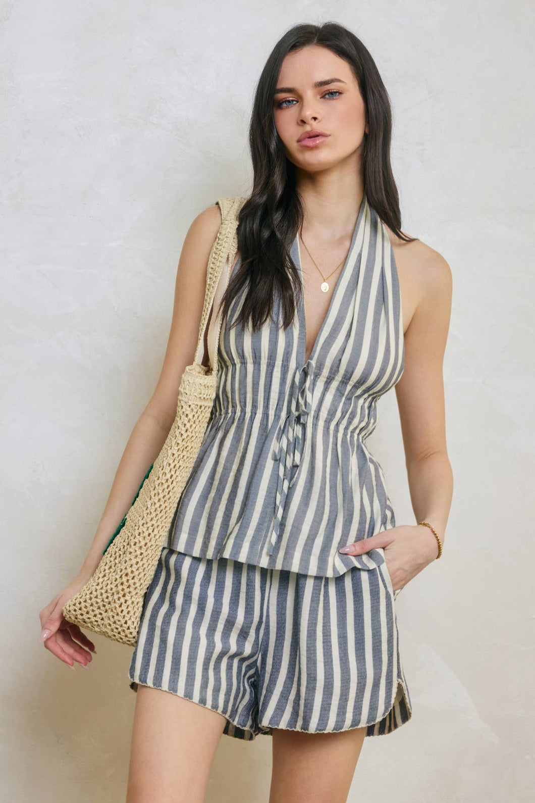 Chambray Stripe Saltwater Stripe Decorative Knit Waist Shorts