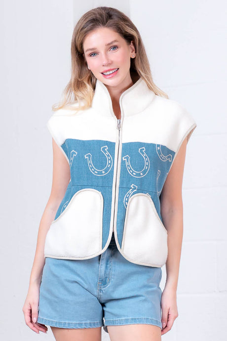 HORSESHOE PRINTED DENIM AND FUR CONTRAST VEST