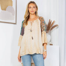 Enchanting Whimsy Overdyed Rayon Peasant Top With Embroidery: Latte