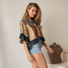 Latte Distressed Denim Crop Jacket with Ruffled Hem