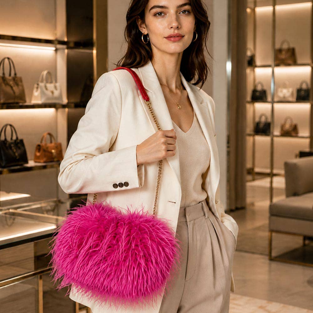 Hot Pink Fluffy Faux Feather Fur Chain Strap Shoulder Handbag