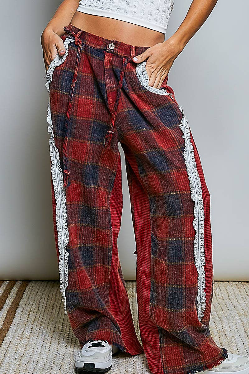 Wine Multi Thermal Patchwork Check Lace Mixed Insert Wide Leg POL Pants