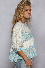 Ivory Blue Round neck short sleeve embroidered print POL top