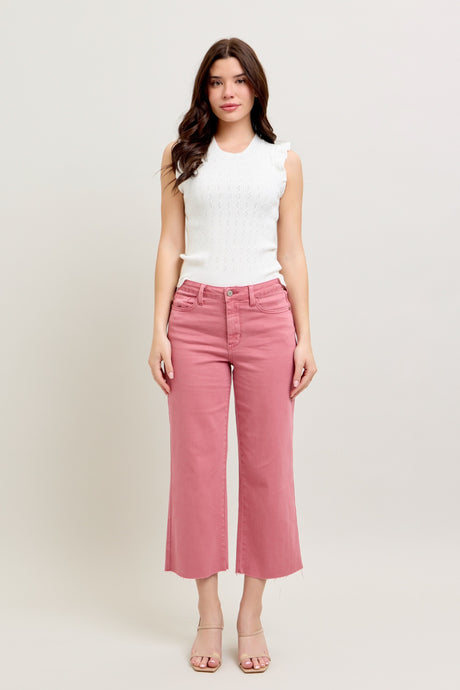 Rose High Waist Garment Dyed Raw Hem Crop Wide Judy Blue Jeans 2/26/25 9648