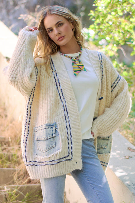 Beige Long Sleeve Multicolor Pocket Sweater