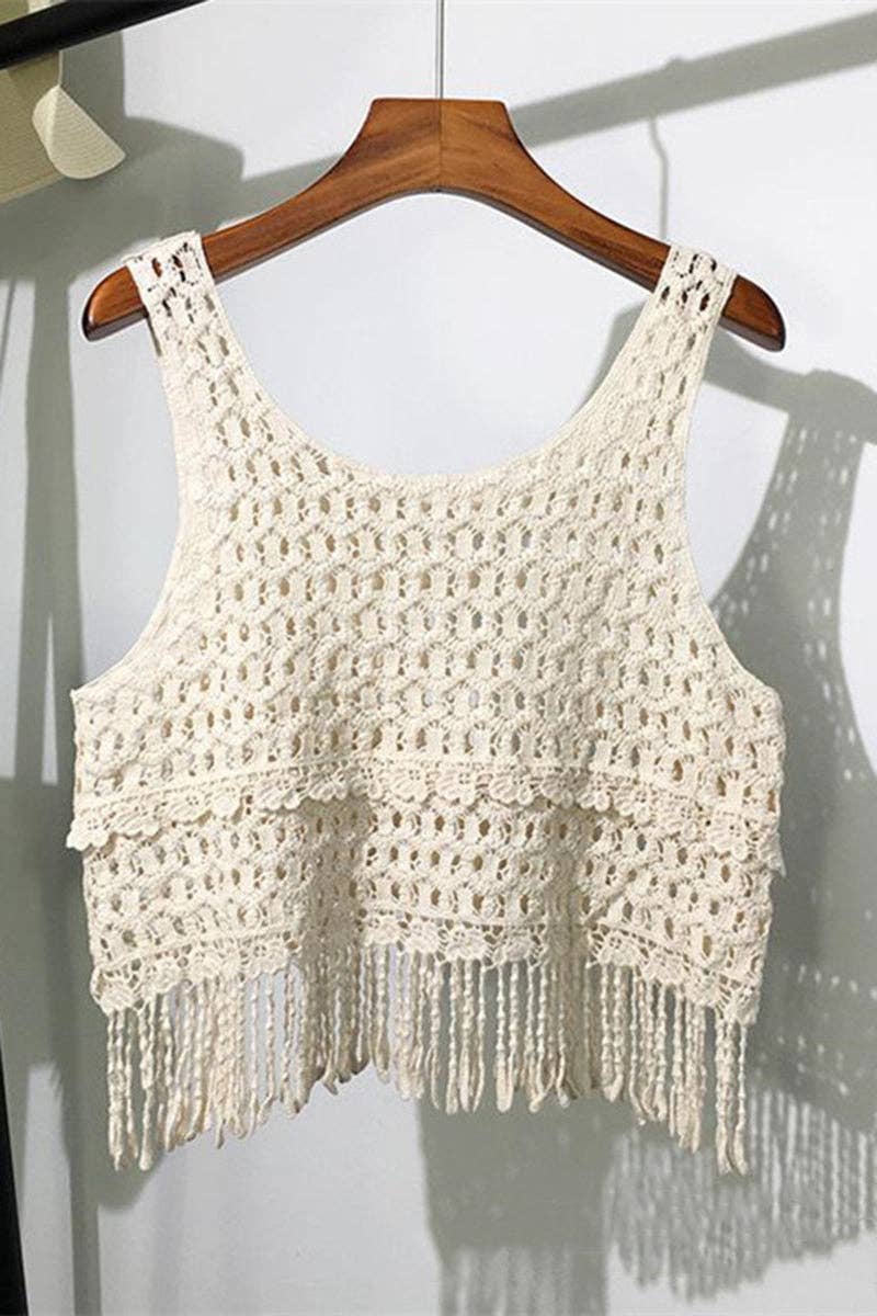 Beige Sleeveless Crochet Design Tank Top