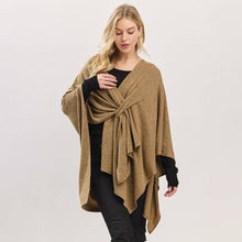 Taupe Asymmetrical Hem Solid Pull Through Draped Tie-Front Wrap Poncho