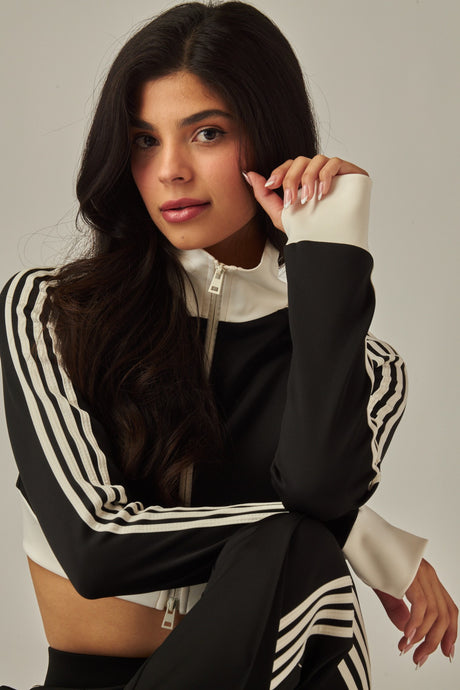 Black 4 Stripes Two Way Zipper Cropped Track Jacket 4/25/25 9798