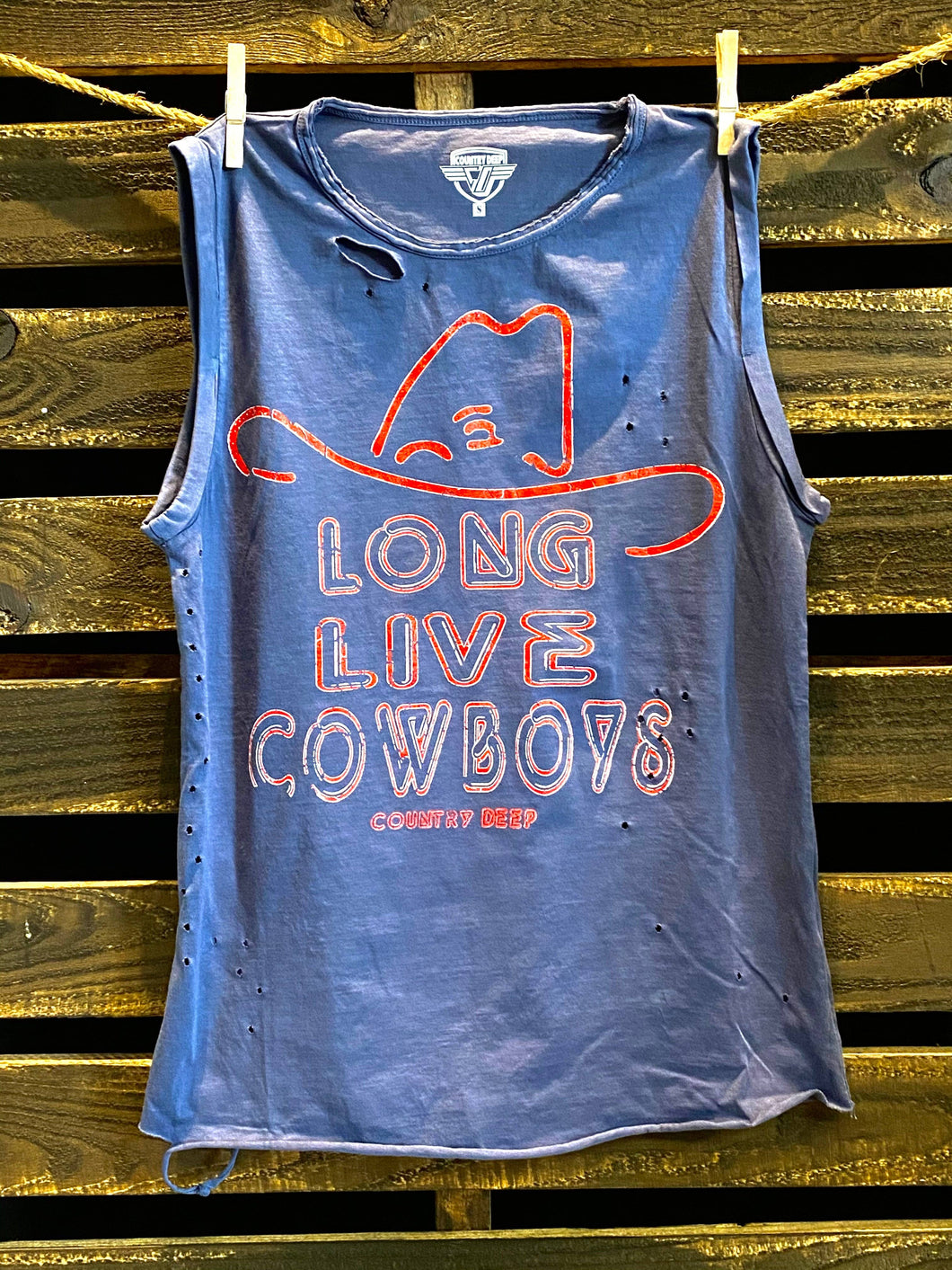 Faded Navy Long Live Cowboy Relaxed Fit distressed  Rolled sleeve Muscle top