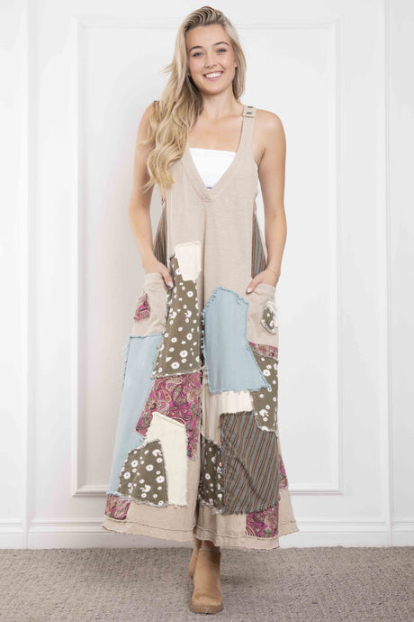 Light Taupe Patched Plunge V Neck Wide Leg Blue Velvet Jumper 5/2/25 9868