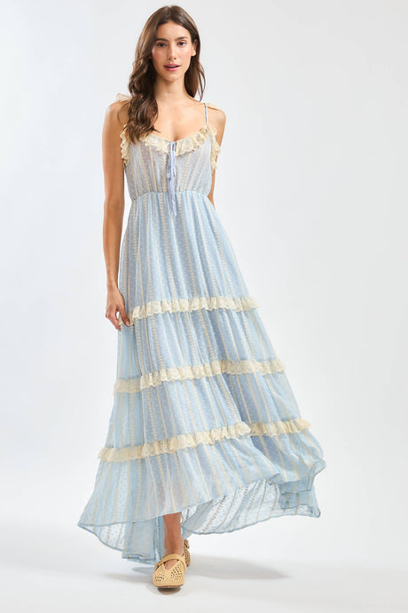 Light Blue Lace Maxi Dress with Layered Ruffle