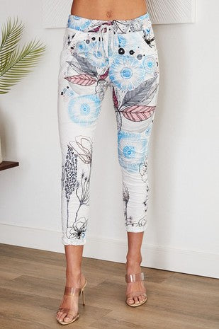 White Blue Flower Print Drawstring Venti6 Crinkle Joggers 5/28/25 9914