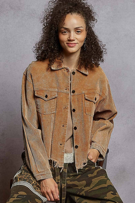 Teddy Bear Pocket front button down distressed hem corduroy POL jacket