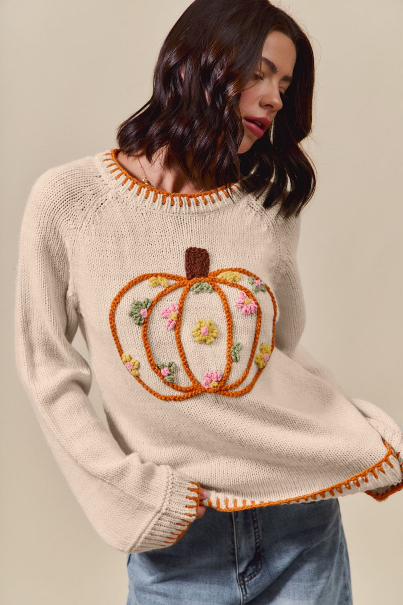 Oatmeal Pumpkin Floral Embroidered Thanksgiving Sweater 9/4/25 1150