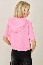 IJ3526 Rhinestone-Adorned Short Sleeve Zip-Up Hoodie Jacket: Black / L