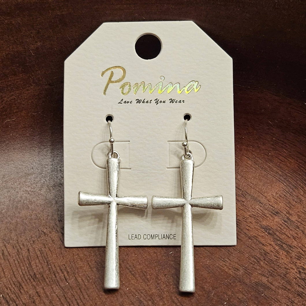 Pomina Matte Silver Cross Earrings – Lightweight, Hypoallergenic, 2 Inches, Dangle