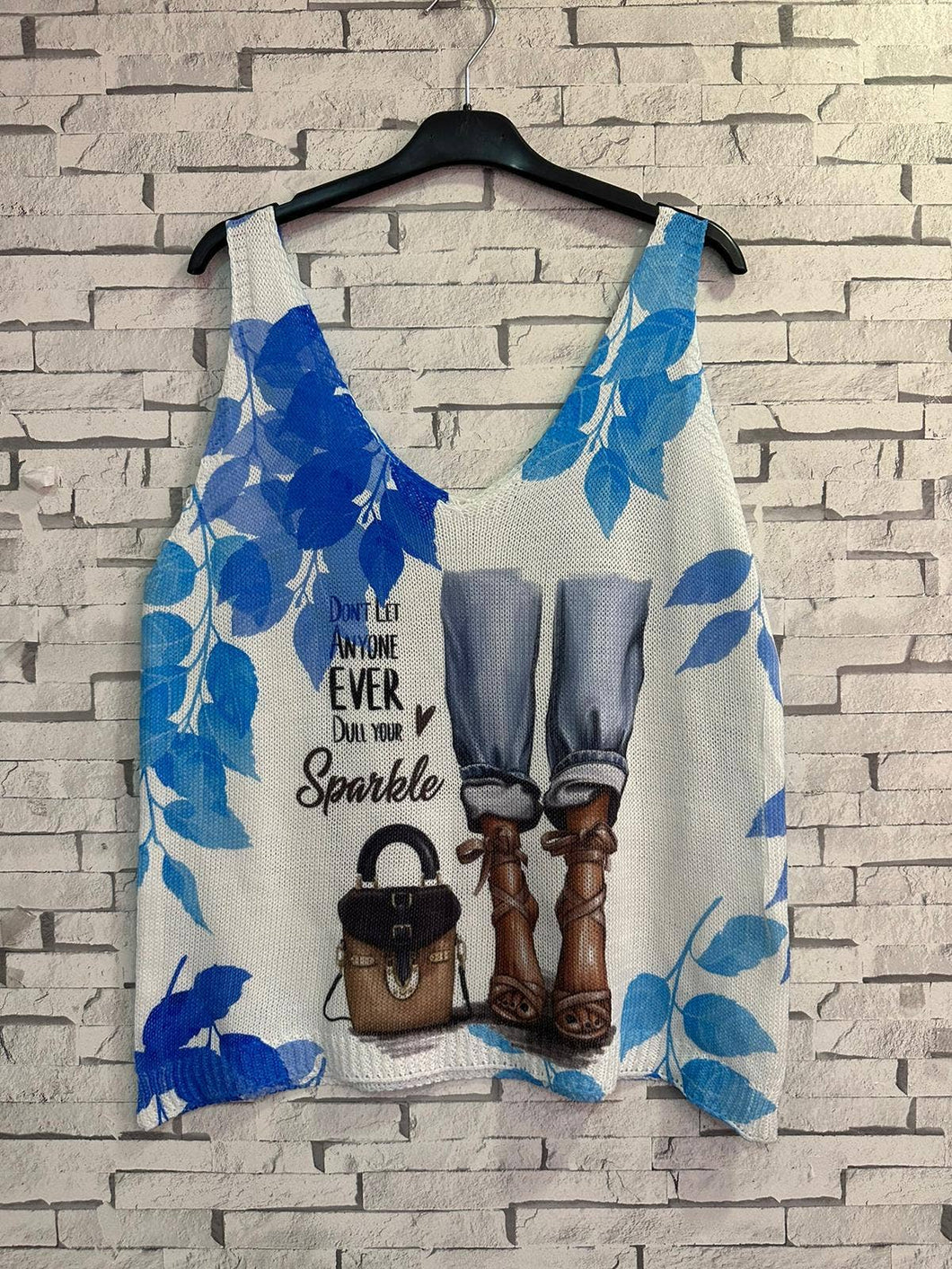 White V-Neck Knit Printed Sleeveless Sweater