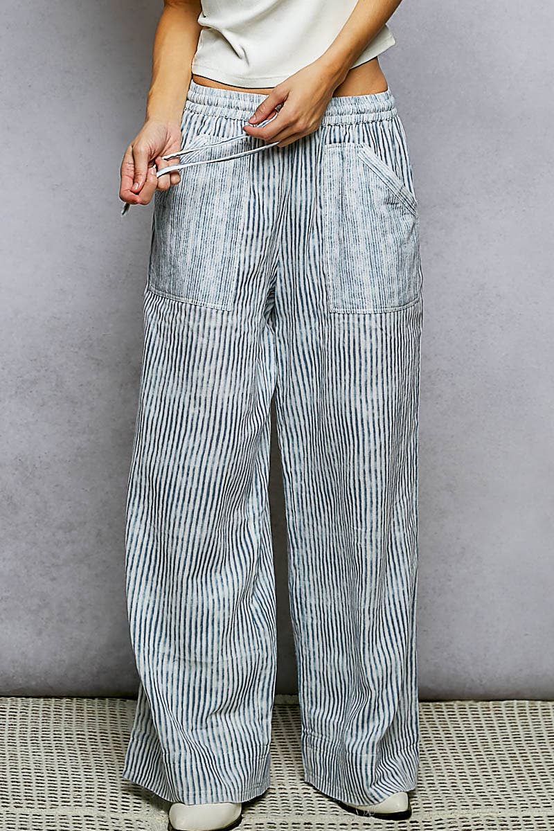 Blue Stripe Striped Big Pocket Waist Band Straight Fit POL Pants
