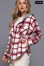 Ivory Wine Plus Long Slv Plaid Button Down Hoodie Fleece Jacket