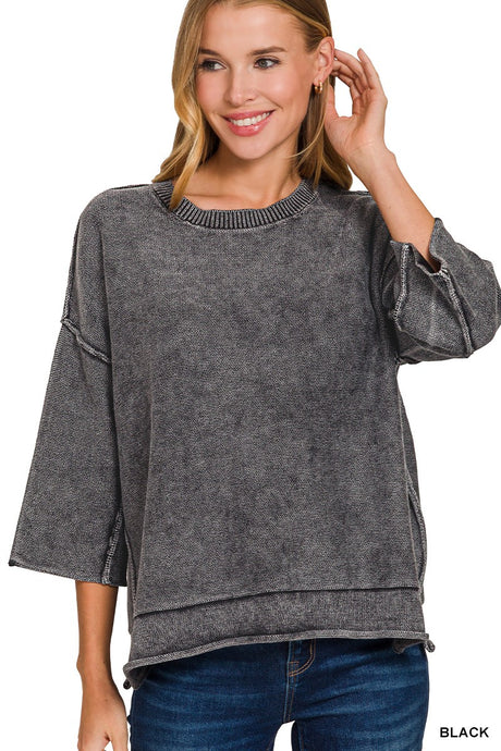Black Washed 3/4 Sleeve Boxy Zenana Sweater 8/20/26 1389