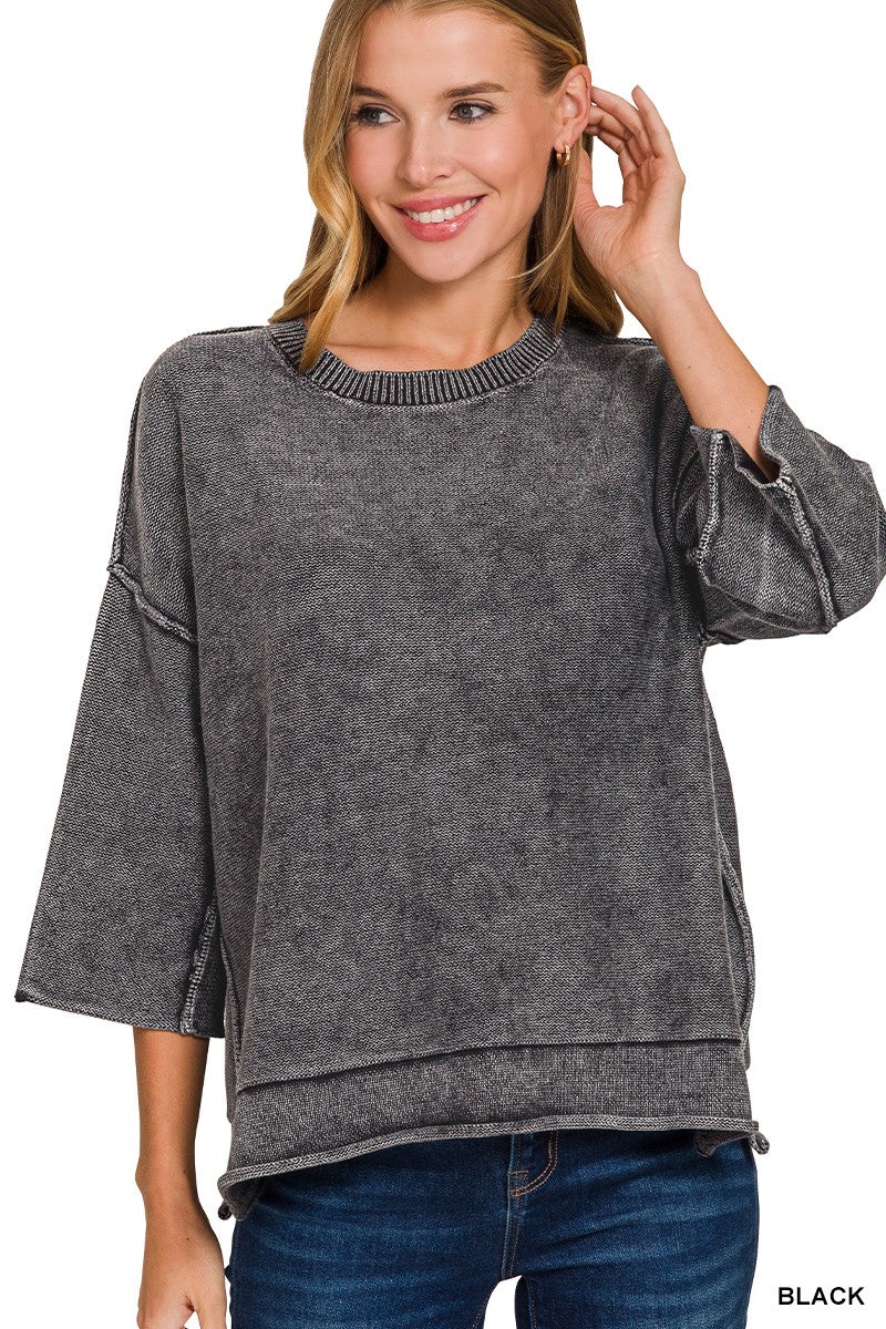 Black Washed 3/4 Sleeve Boxy Zenana Sweater 8/20/26 1389
