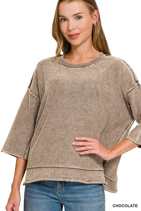 Chocolate Washed 3/4 Sleeve Boxy Zenana Sweater 8/20/26 1390